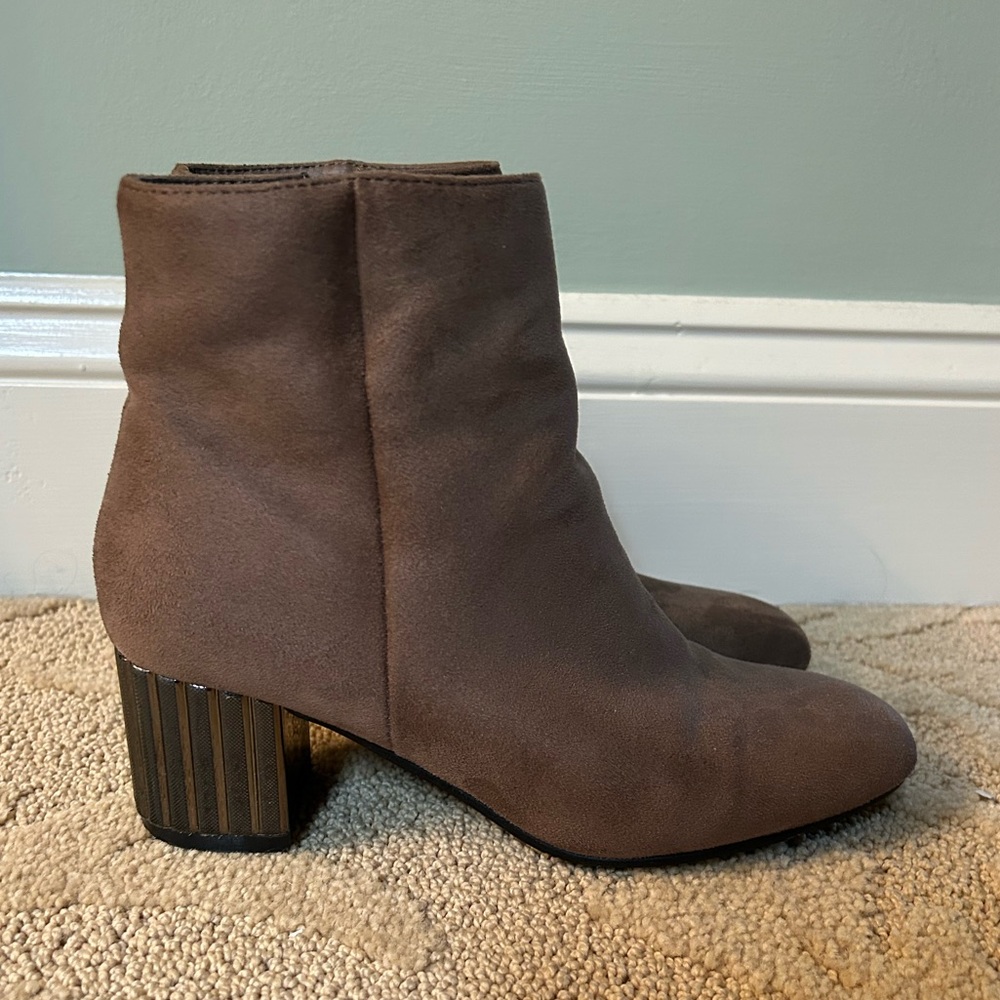 Women's Taupe Suede Block Heel Ankle Booties - Picture 2 of 6